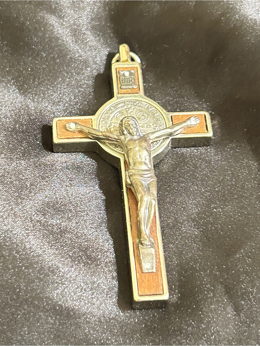 Wood and Silver-Tone Crucifix Pendant - Brown